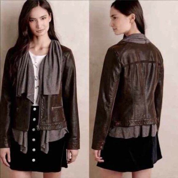 Anthropologie Jackets & Blazers - Hei Hei Causeway Faux Leather Jacket Women's Brown Gray Knit Lining sz M.
